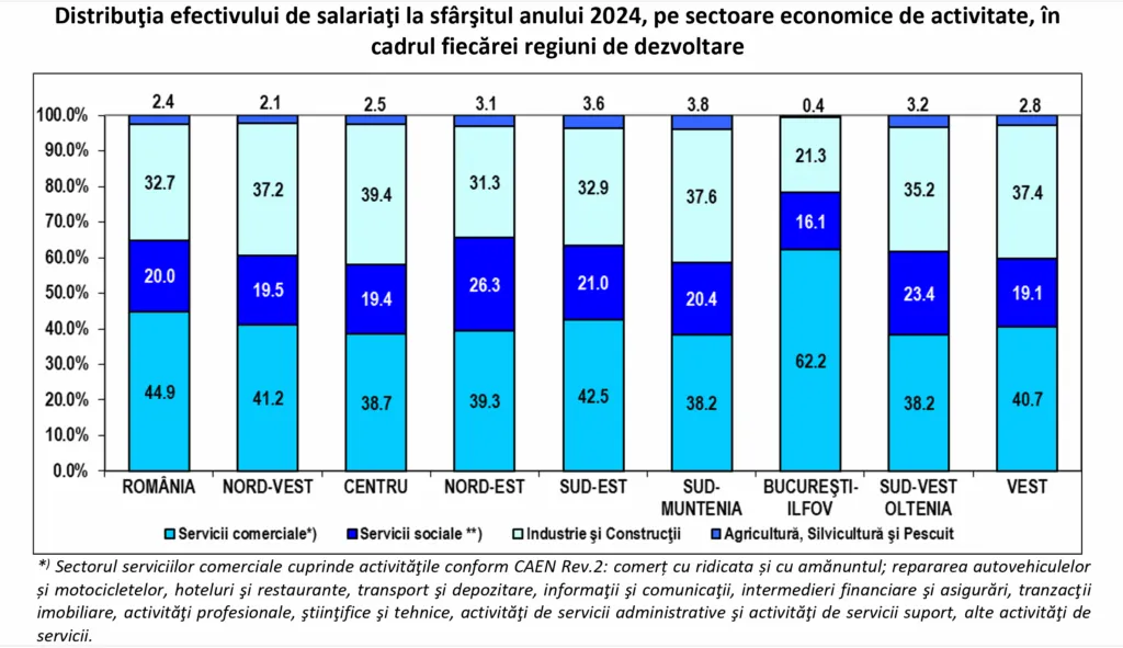 București concentrează 62,2% din serviciile comerciale, în timp ce Centrul lucrează mai degrabă în industrie (39,4%)