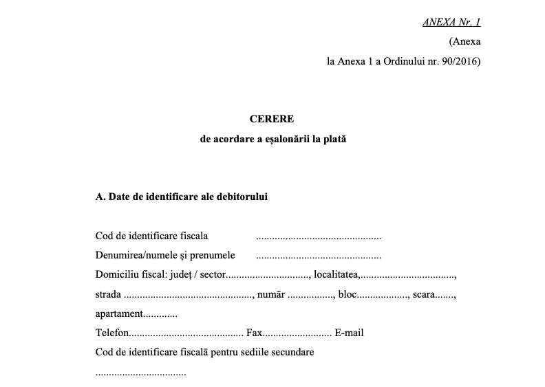 CERERE de acordare a eșalonării la plată