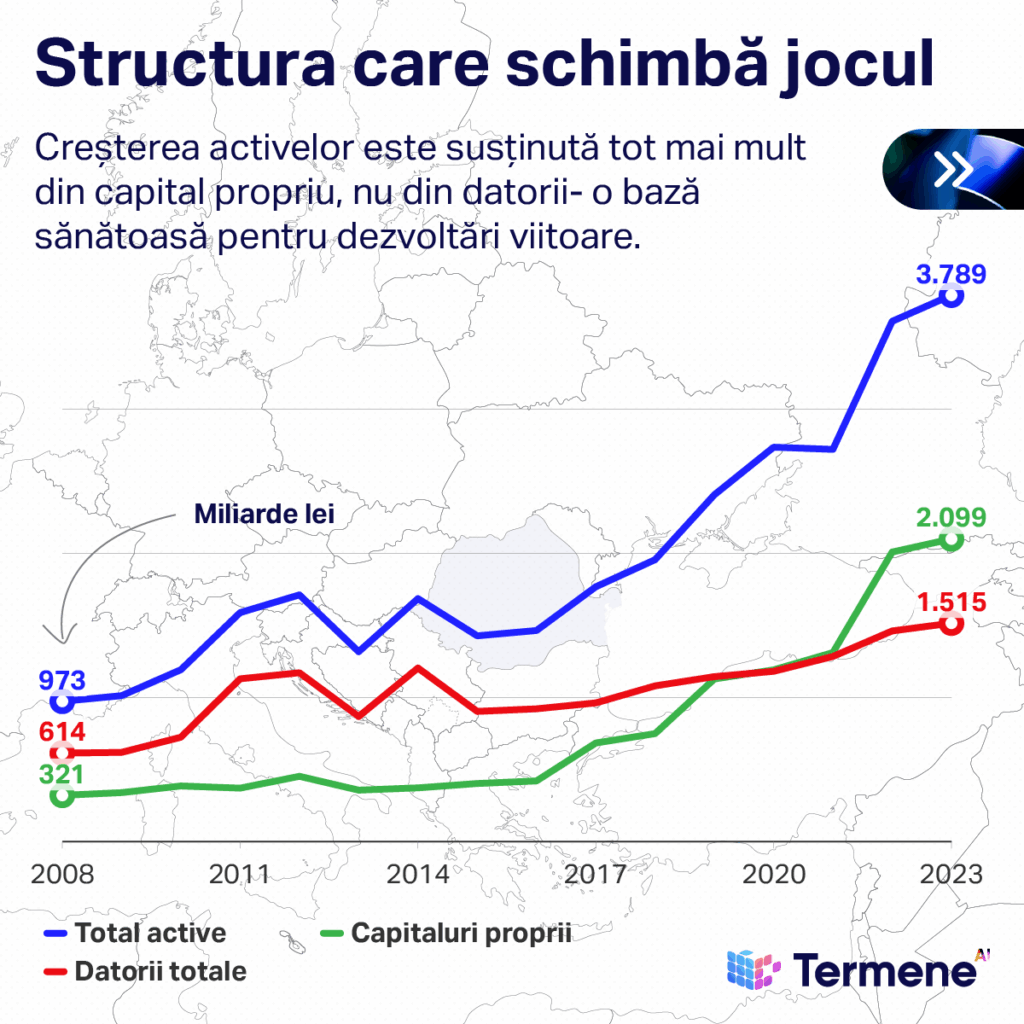 Infografic realizat de Termene care probează faptul că majorarea activelor firmelor este susținută tot mai mult din capital propriu, nu din datorii