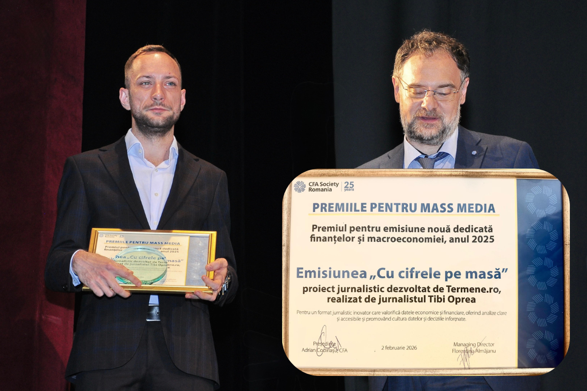 Tibi Oprea, jurnalist Termene, a primit premiul CFA Society Romania pentru emisiunea „Cu cifrele pe masă”, dedicată finanțelor și macroeconomiei