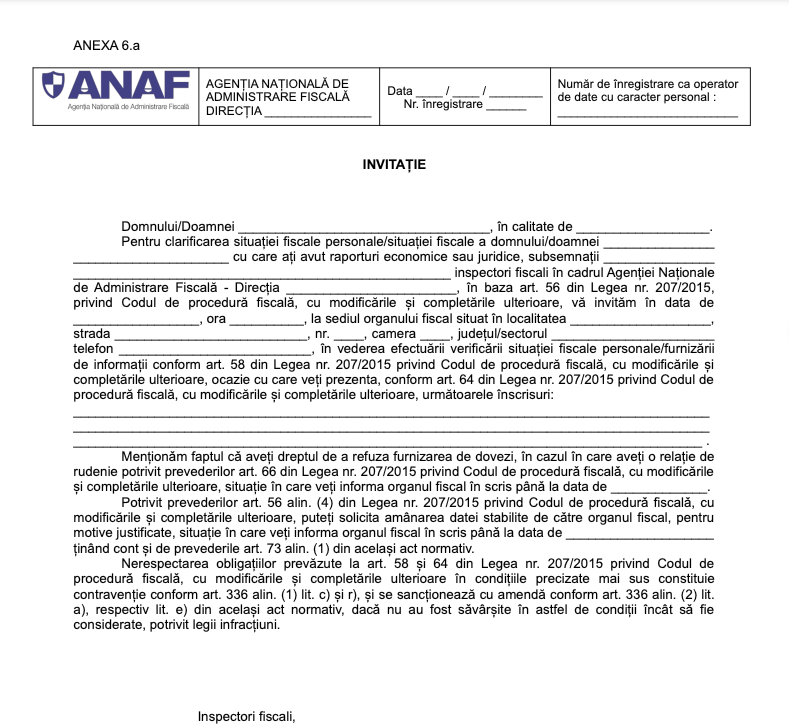 ANAF modifică formularul de „Invitație” folosit la verificarea contribuabililor
