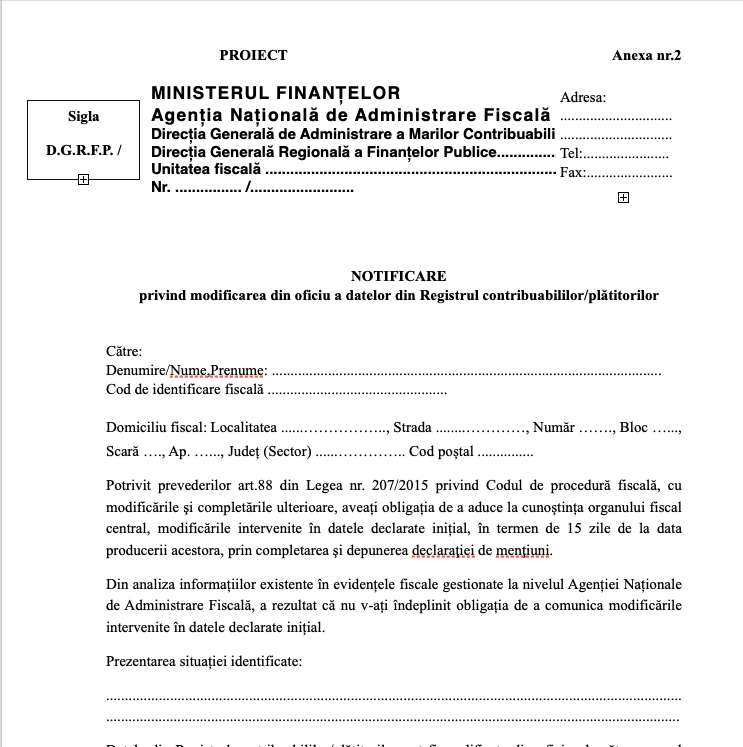 ANAF vrea să modifice din oficiu datele din Registrul contribuabililor/plătitorilor