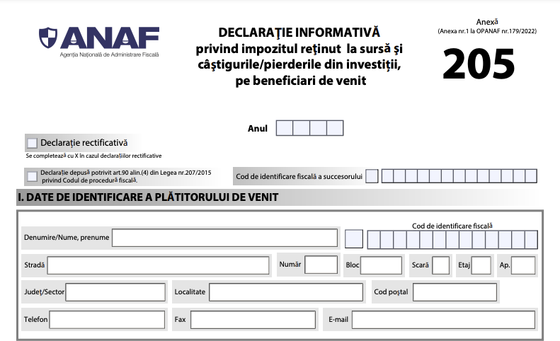 ANAF va modifica conținutul Formularelor 205 și 207 privind impozitele pe venituri reținute la sursă