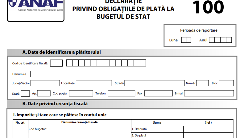 Formularul 100 privind obligațiile la bugetul de stat