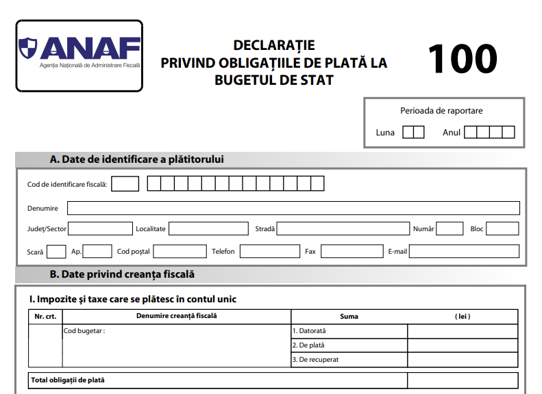 Formularul 100 privind obligațiile la bugetul de stat