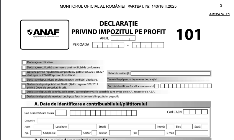 declarația formularul 101 pentru impozitlpe profit instrucțiuni de completare